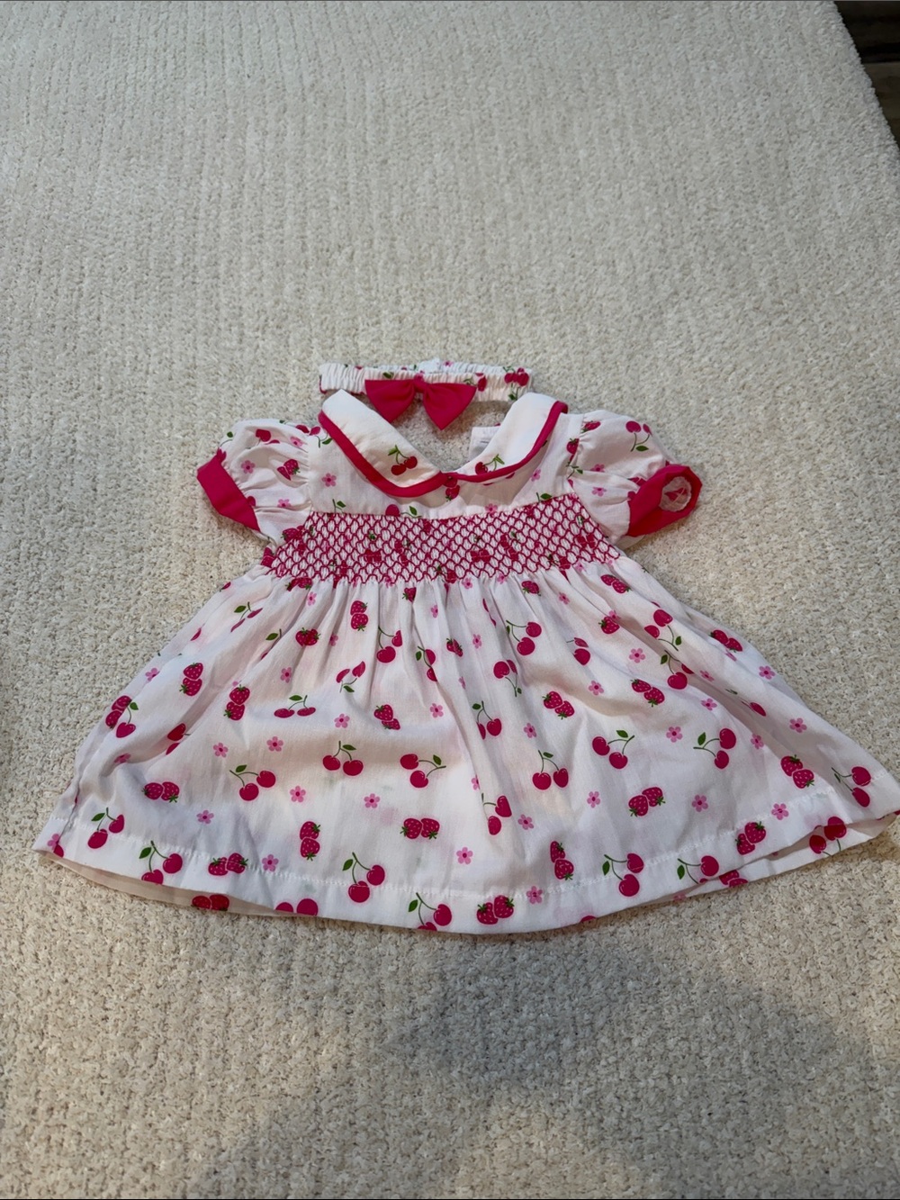 White Baby Dress with Pink Cherry Print